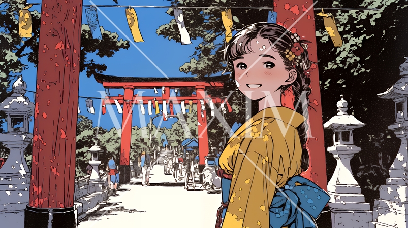 和服を着て初詣をしている若い女性