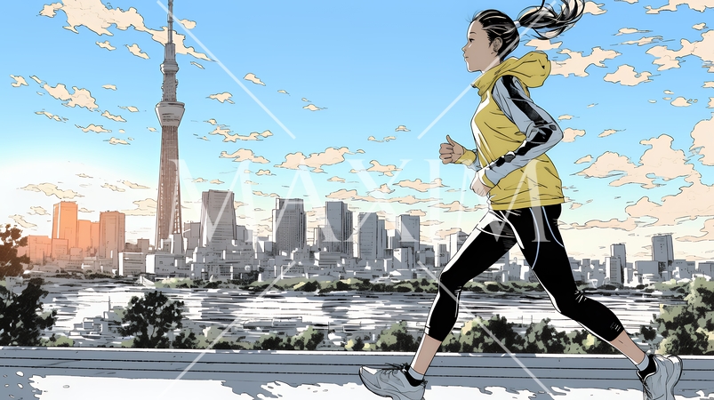 夕方の街並みを背景にジョギングをする若い女性