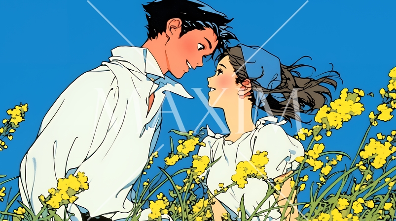 菜の花畑でデートをしている若いカップル