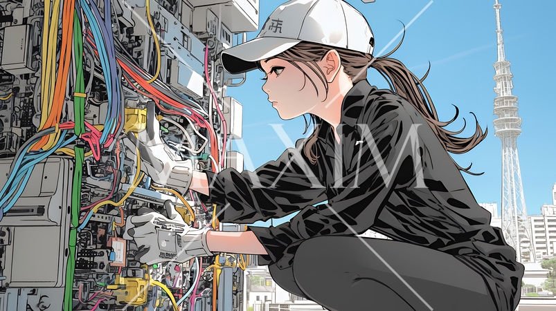 配線工事をしている女性作業員