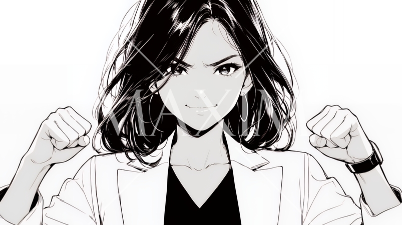 ガッツポーズ（拳を握って力強く）をしているビジネスウーマン（シンプルな色使い）