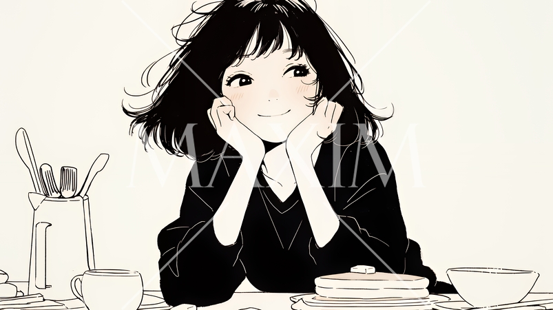 早朝のダイナー（喫茶店）でパンケーキ（モーニングセット）を食べる若い女性（シンプルな色使い）