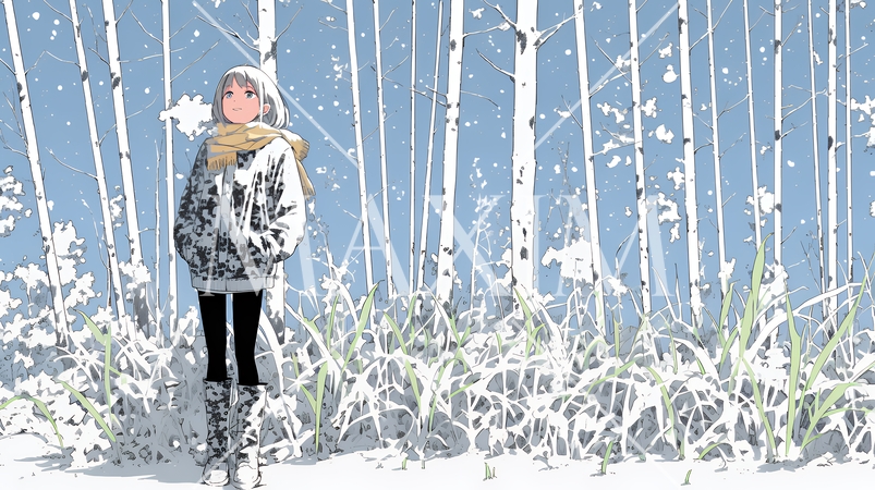 雪の積もる田舎道を歩いている若い女性