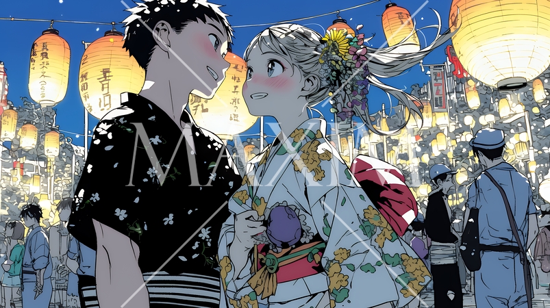 縁日屋台が立ち並び、賑わいを見せる祭りの夜