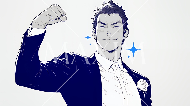 ガッツポーズ（拳を握って力強く）をしているビジネスマン（シンプルな色使い）