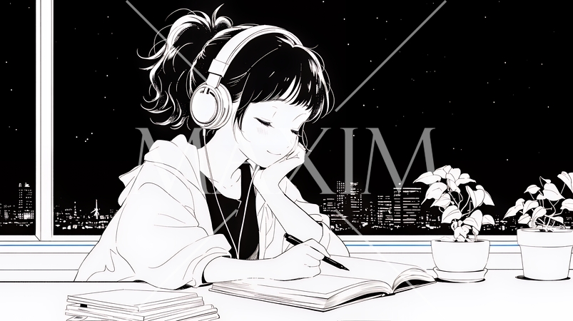 資料（本）を読みながら、うとうと眠ってしまう若い女性（シンプルな色使い）