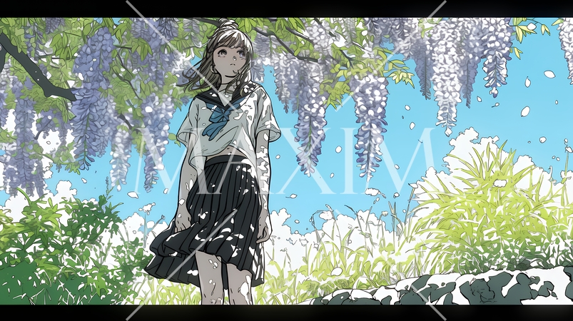 満開の藤の花の下を歩いている女子高生