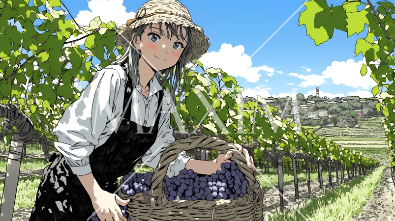 葡萄を収穫している若い女性