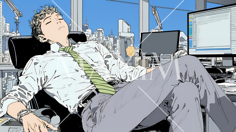 疲れ切った様子でオフィスデスクでため息をついているビジネスマン