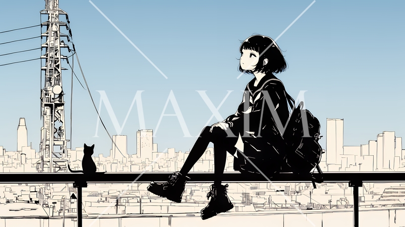 若い女性が佇む都市の街角（シンプルな色使い）