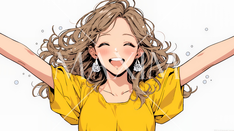 両手を広げて喜んでいる陽気な若い女性