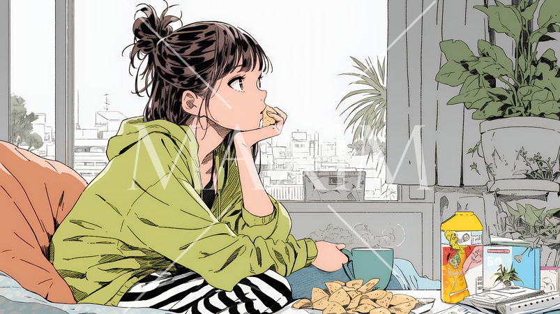 ポテトチップスをつまみながら、ひとりでビデオを観る若い女性