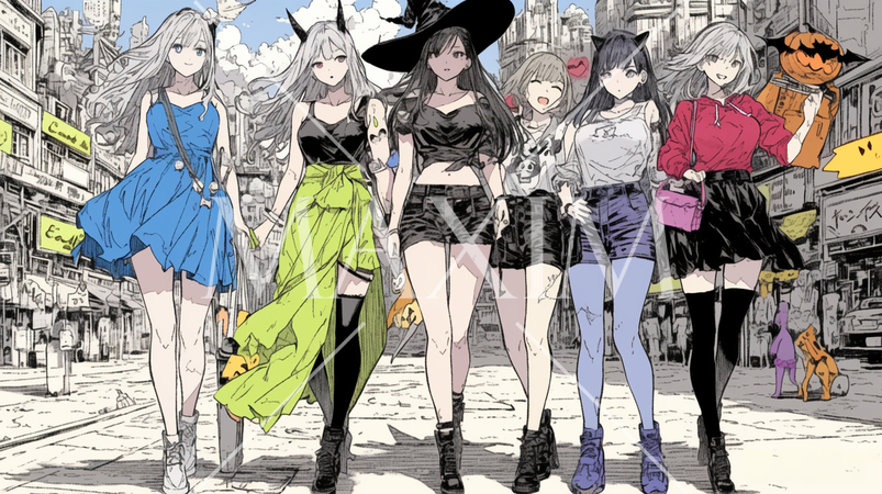 仲間とハロウィンイベントに参加する若い女性たち