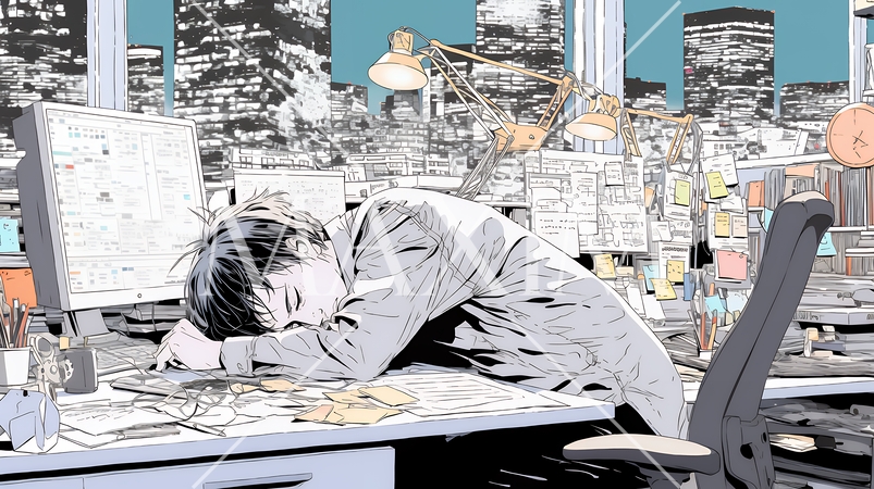 夜遅くまで残業するビジネスマン｜疲れた表情でパソコン作業をする会社員のビジネスイメージ