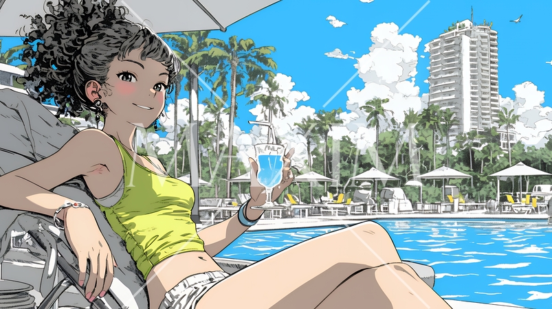 プールサイドのデッキチェアでくつろぐ若い女性｜夏のリゾートとリラックスライフスタイルイメージ