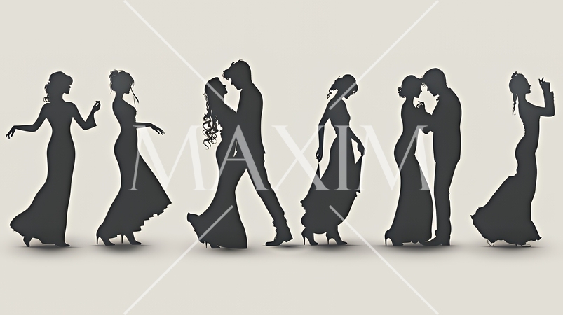 社交ダンスを楽しむ人たちのシルエット｜優雅でエレガントなボールルームダンスイメージ