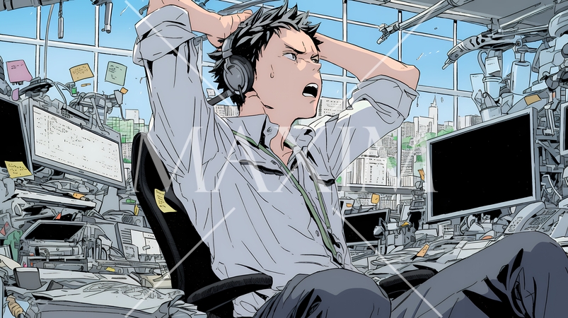 技術的な問題に直面し、肩をすくめて困惑している技術者