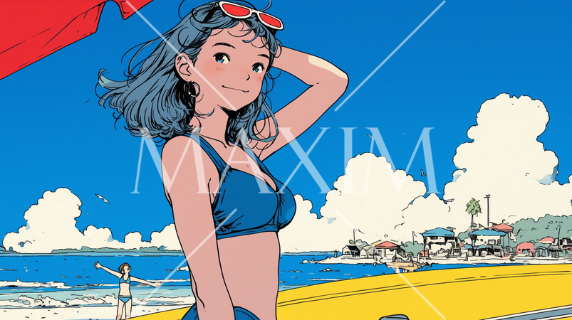 沖縄の海岸でビキニ姿でサーフボードを持った若い女性