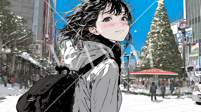 ホワイトクリスマスの街を歩く若い女性