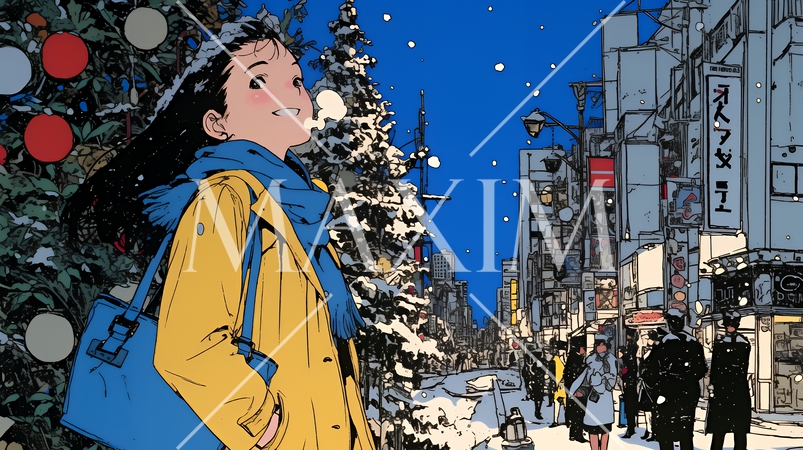 クリスマスイルミネーションが美しい街を散策する若い女性