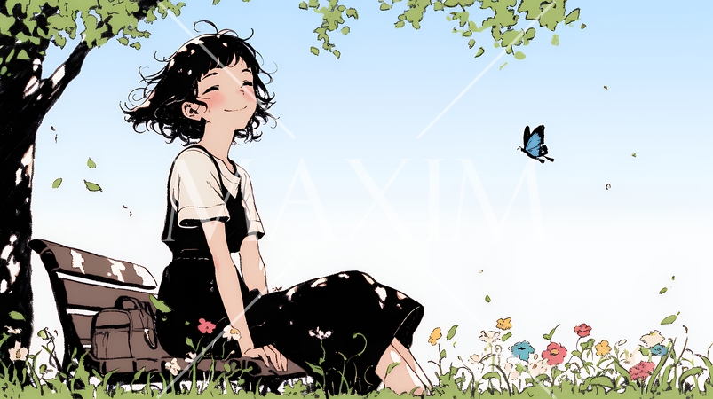 公園のベンチでひとり静かにくつろぐ若い女性（シンプルな色使い）