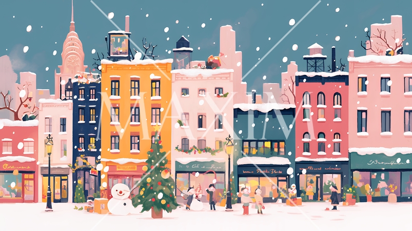 イルミネーションが彩るホワイトクリスマスの都会（ポップでキュートな表現）