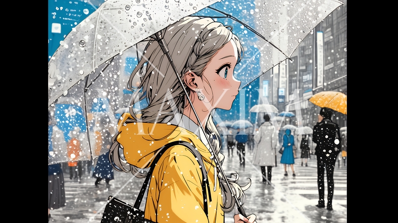 雨の日に傘をさして歩く若い女性