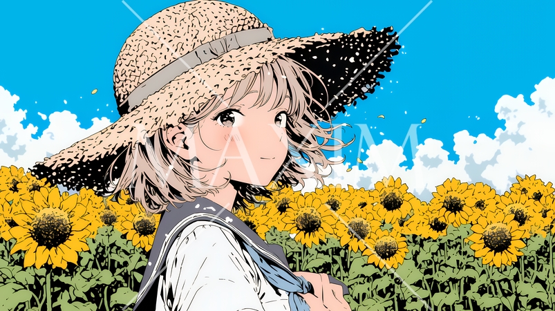 夏の晴天の日、ひまわりの畑を散策している若い女性