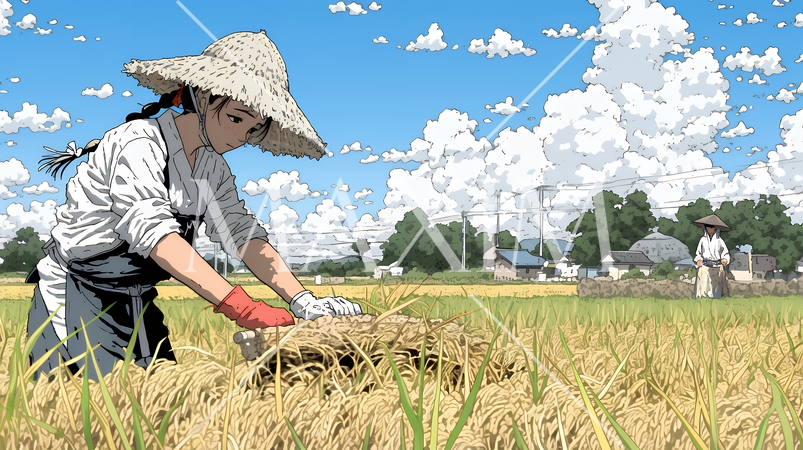 田んぼで農作業をしている女性