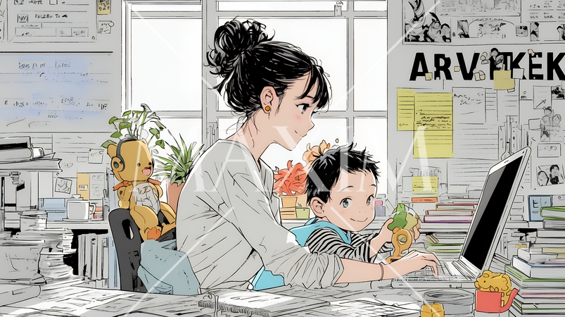 自宅でのリモートワークの場面：子どもが気になって集中できない