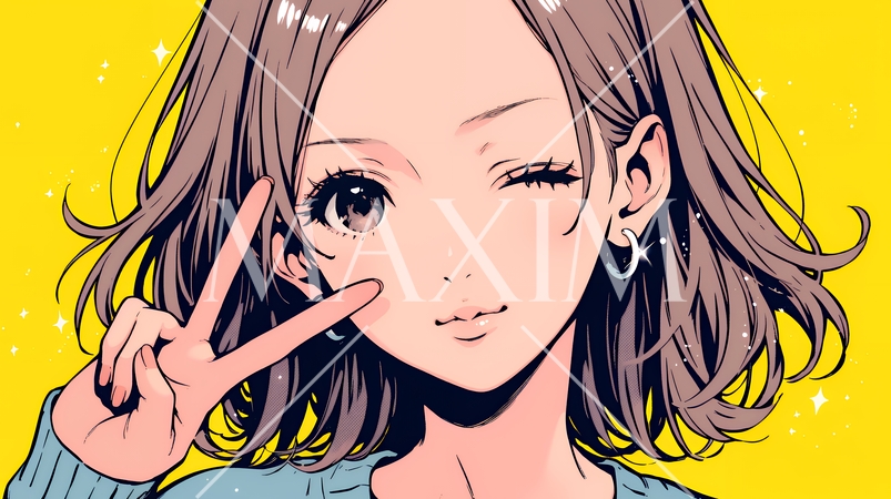 アイドルのように顔の横でピース＋ウィンクしている若い女性