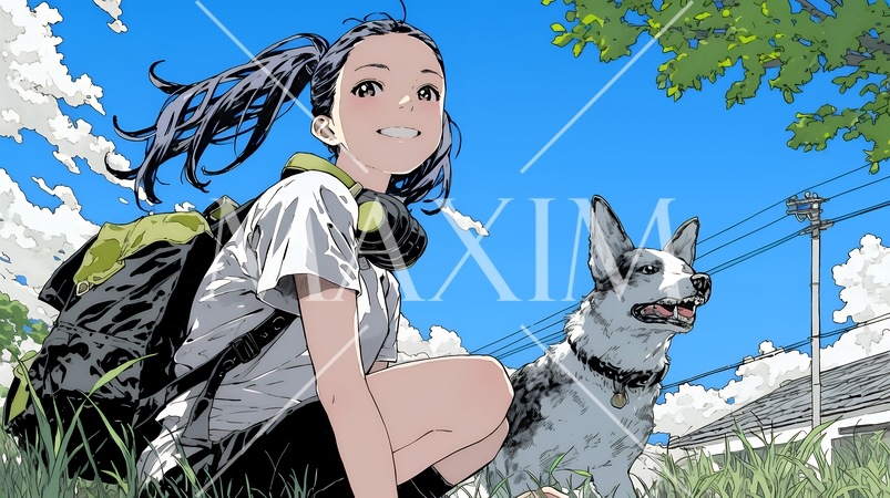 愛犬と散歩している若い女性