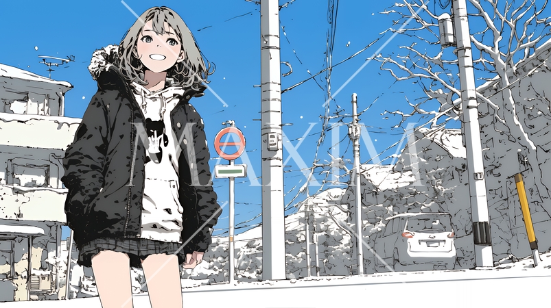 冬枯れの街を歩く若い女性