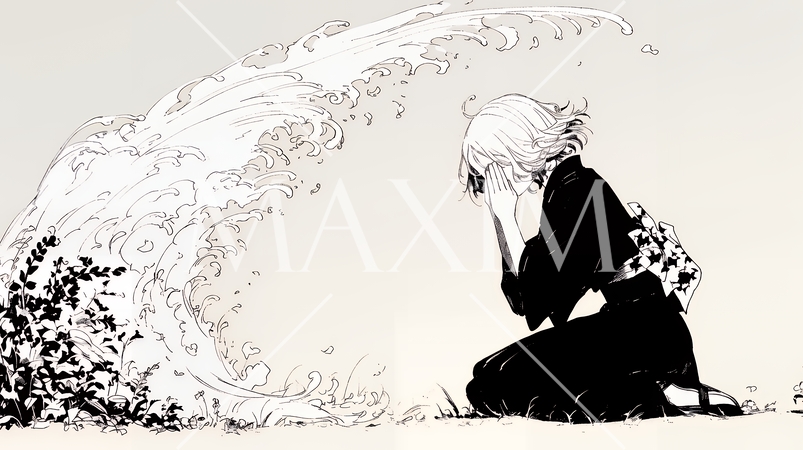 手を合わせてお祈りをしている若い女性（シンプルな色使い）