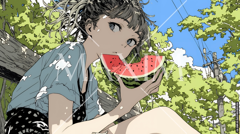 スイカを縁側で食べている若い女性