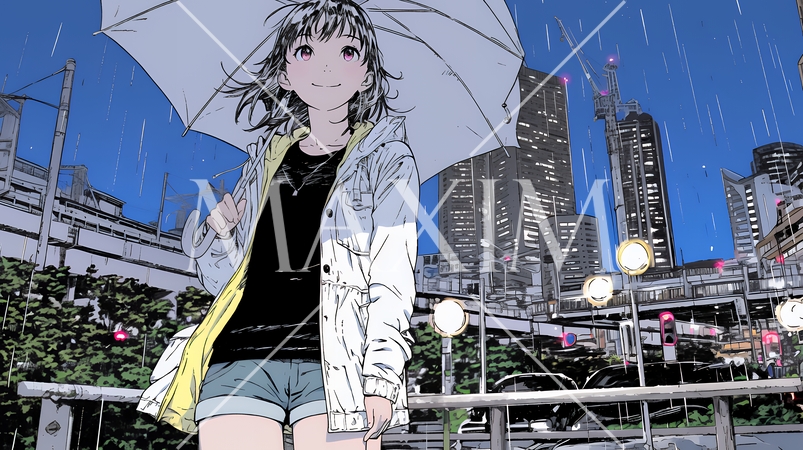 雨の中を歩く女性と都会のランドスケープ