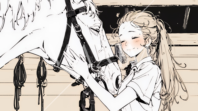 馬の世話をしている若い女性（シンプルな色使い）