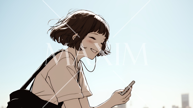 嬉しそうな表情でスマホを使っている女性（シンプルな色使い）