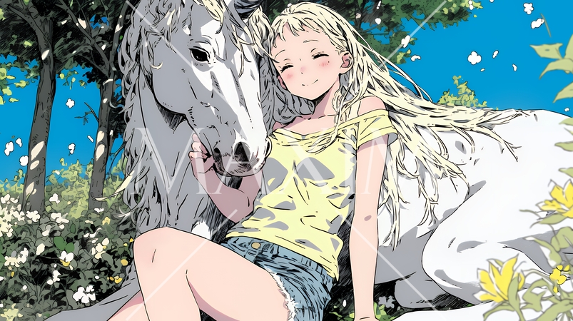 ユニコーンと若い女性