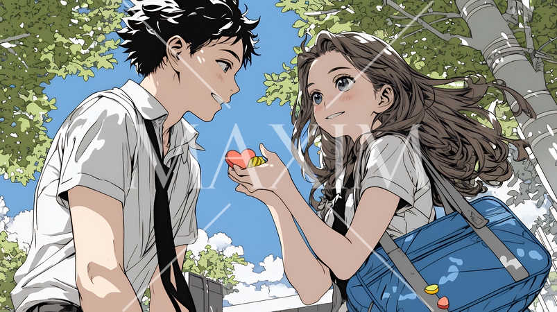 バレンタインディのチョコを男性に渡そうとしている若い女性