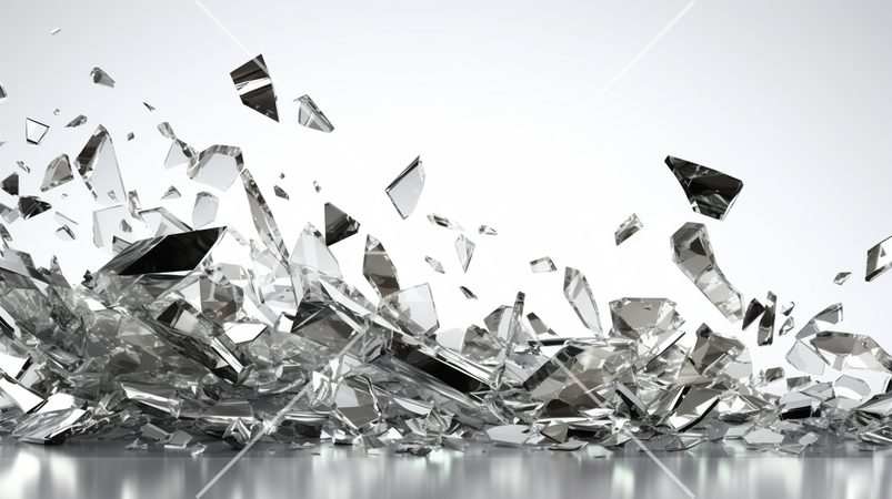 ガラスが割れて飛び散っている-白背景画像：精緻CG画像