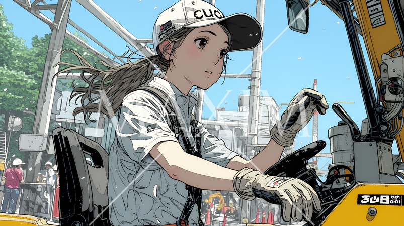 建設現場で重機を操作する若い女性