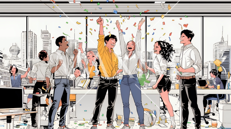 プロジェクト成功を喜ぶスタートアップチーム｜オフィスで大喜びするビジネスパーソン