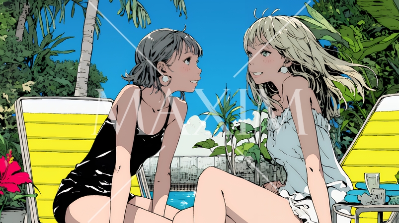 プールサイドのデッキチェアで談笑する女友達たち｜夏のリゾートで過ごすリラックスしたライフスタイルイメ