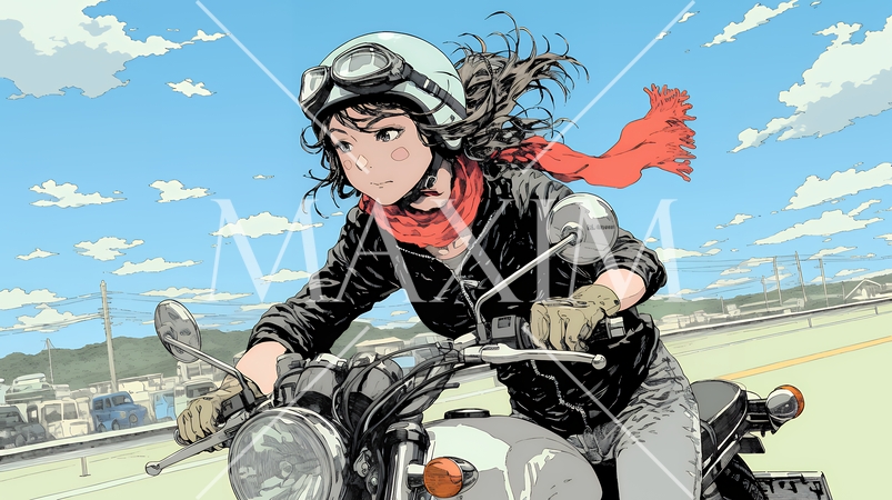 バイクに乗っている若い女性