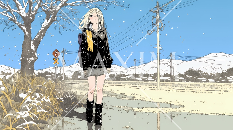 雪解けでぬかるんだ道を歩く若い女性