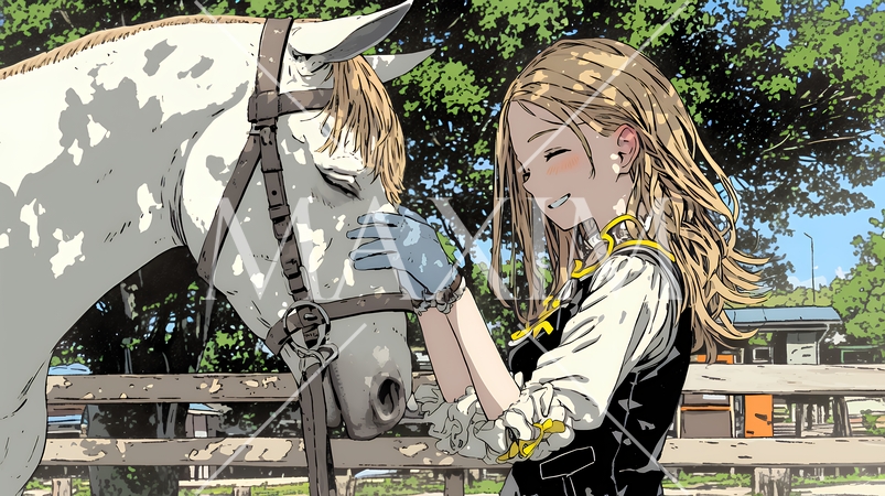 馬の世話をしている若い女性