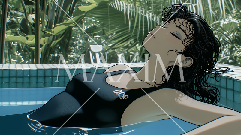 スクール水着を着てプールに浸っている若い女性