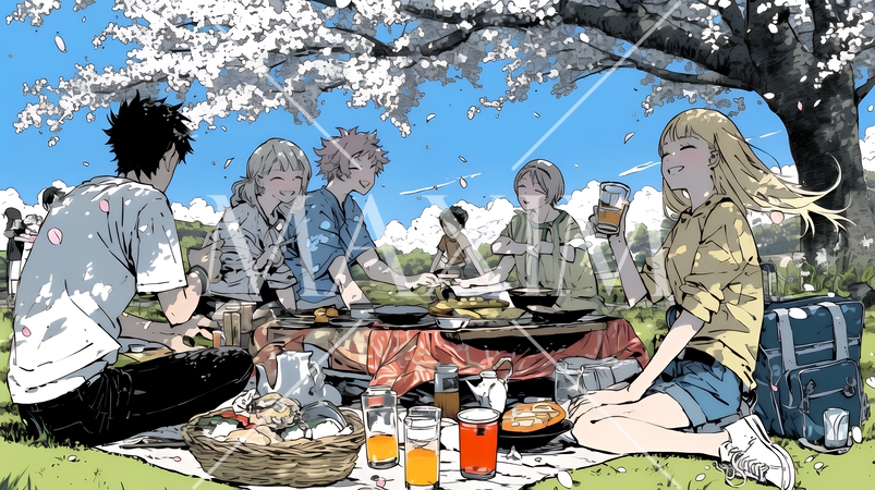 満開の桜の下で仲間たちと花見宴会