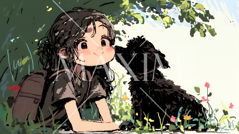 愛犬と散歩をしている女の子（クレヨン＋水彩画風）